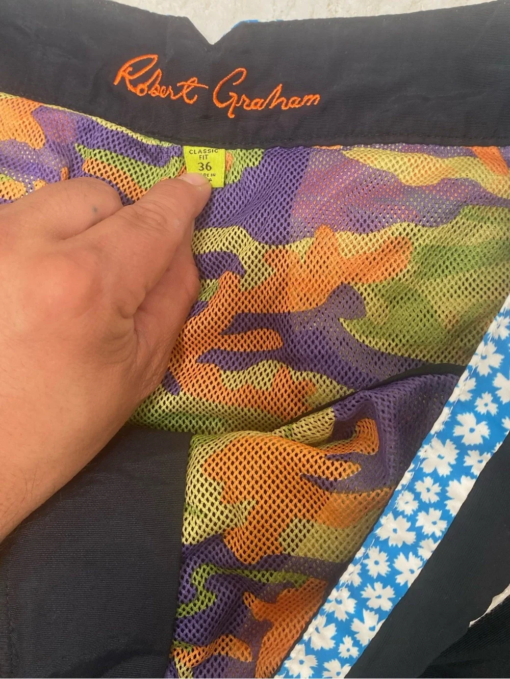 Robert Graham Men's Black Swim Trunks with Blue Floral Trim size 36